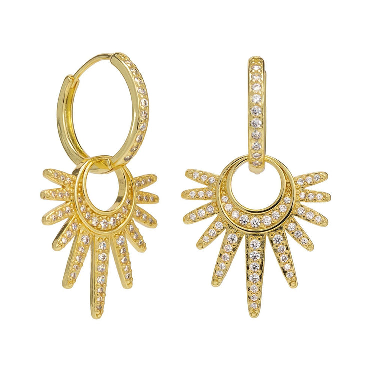 18ct gold-plated brass earrings with sunburst design and sparkling accents.