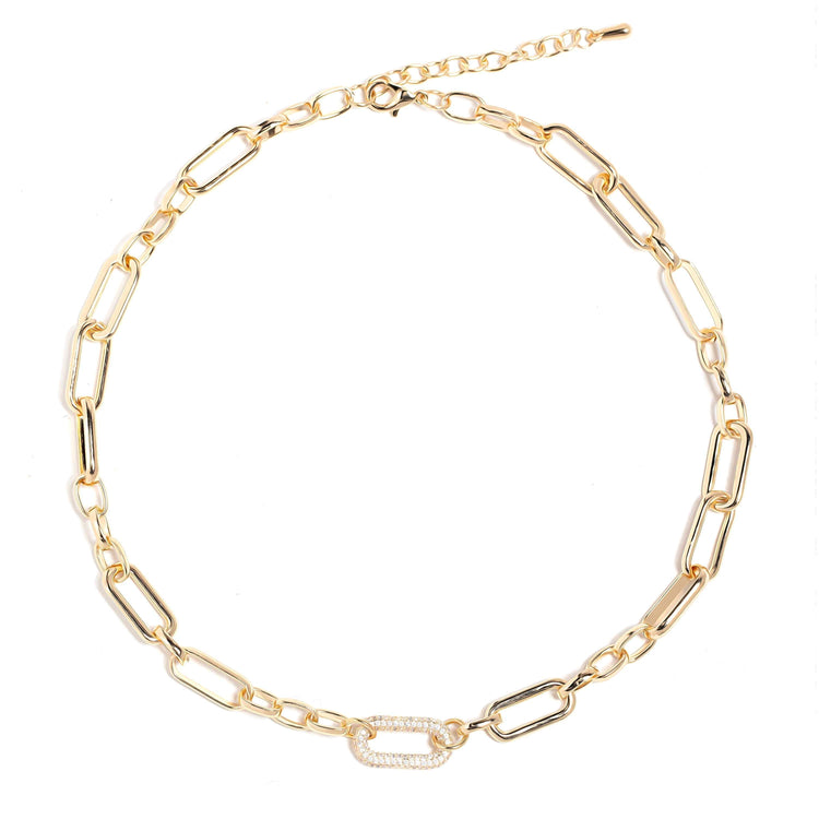 Classic gold-plated chain necklace with crystal accent and oval pendant.