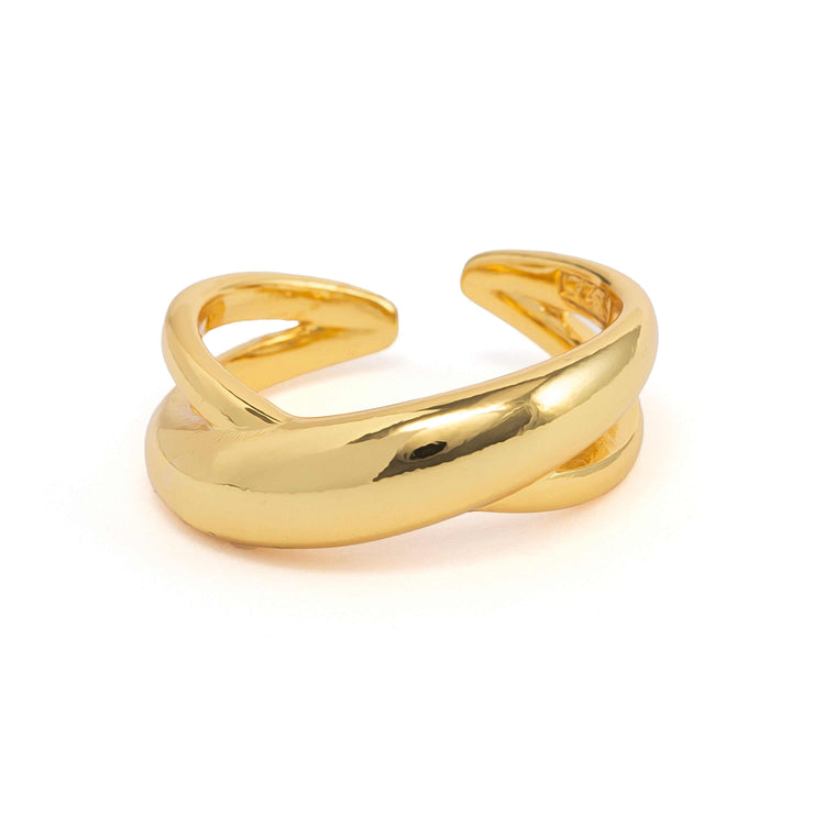 Double band minimalist gold-toned ring with intertwining bands and sleek, modern design.