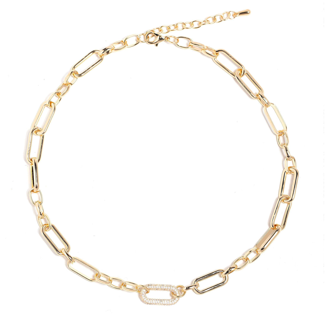 Classic gold-plated chain necklace with crystal accent and oval pendant.